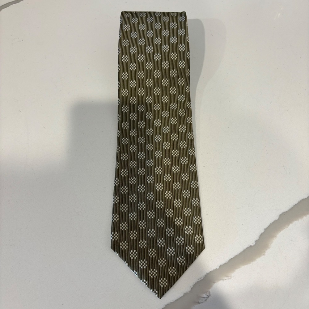 Audrey Buckner Mens Silk Tie‎ Olive Green Gold Geometric Medallion USA Made